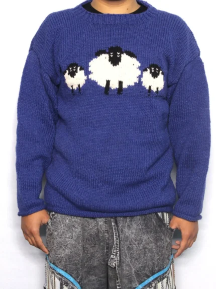 Blue Sheep Pattern Woolen Sweater