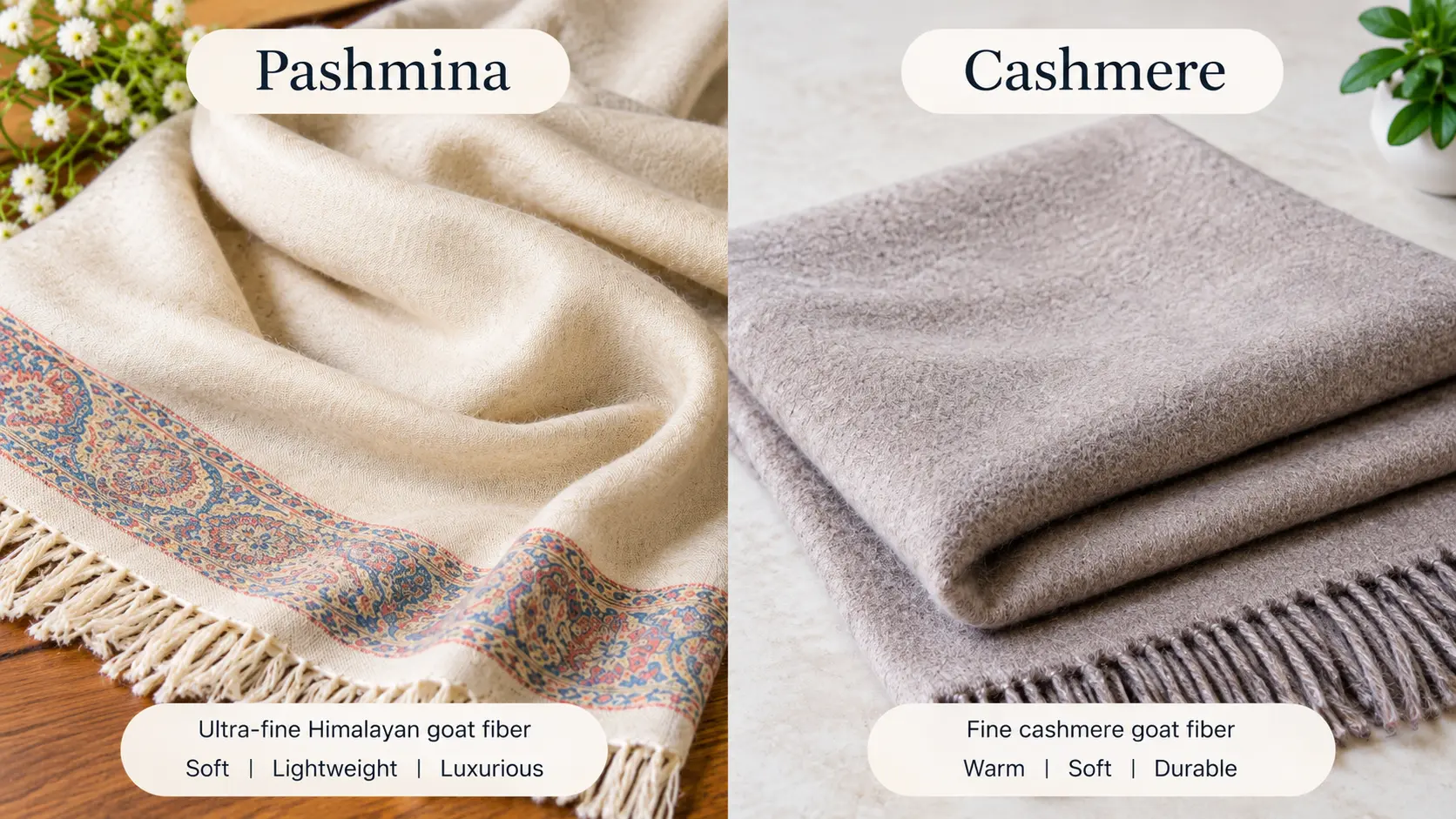 Pashmina vs cashmere shawls showing differences in texture and appearance